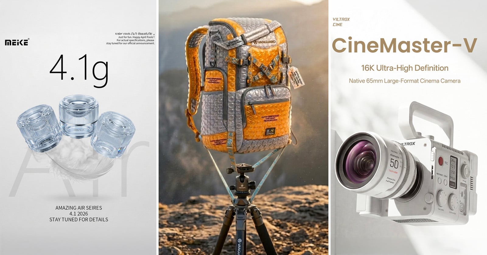 Three posters: left shows small, clear camera lens adapters labeled "4.1g" with the word "Air"; middle has a colorful quilted backpack on a tripod outdoors; right displays a white CineMaster-V 16K cinema camera.