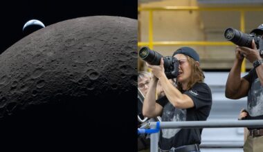 Left: Earth rising above the cratered surface of the Moon. Right: Two people with cameras and telephoto lenses photographing something, both wearing shirts with an image of the Moon and standing indoors.