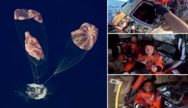Moment Navy crews celebrate with Artemis II astronauts after they make it back safely from the moon