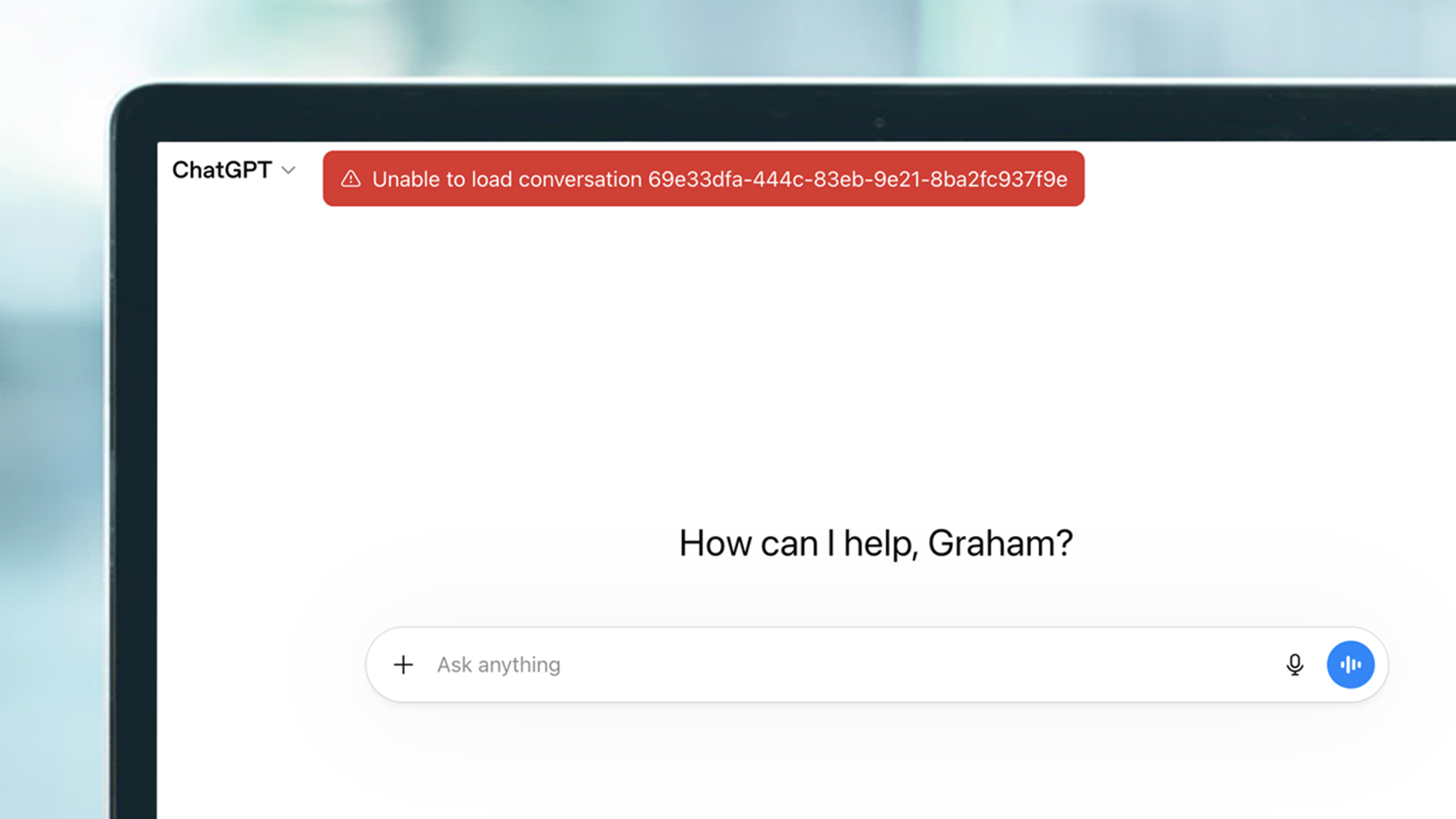 A laptop screen showing a ChatGPT error message