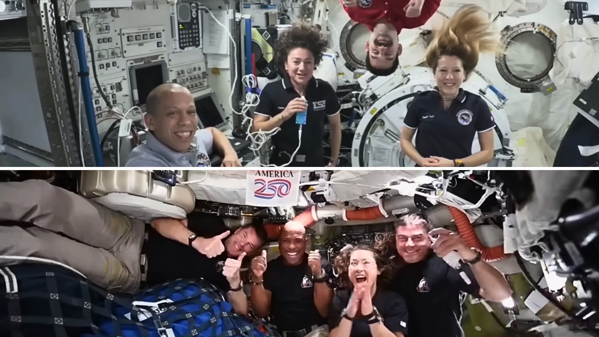 two panel image with the iss crew at the top and the artemis 2 at the bottom, everyone is smiling and looking very happy.