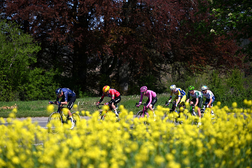 MUR DE HUY, BELGIUM - APRIL 22: (L-R) Sjoerd Bax of Netherlands and Team Pinarello Q36.5 Pro Cycling, Andreas Leknessund of Norway and Team Uno-X Mobility, Jardi Christiaan van der Lee of Netherlands and Team EF Education - EasyPost, Vincent Van Hemelen of Belgium and Team Flanders - Baloise, Jakub Otruba of Czech Republic and Team Caja Rural - Seguros RGA and Alan Jousseaume of France and Team TotalEnergies compete in the breakaway during the 90th La Fleche Wallonne 2026 a 200km one day race from Herstal to Mur de Huy / #UCIWT / on April 22, 2026 in Herstal, Belgium. (Photo by Dario Belingheri/Getty Images)