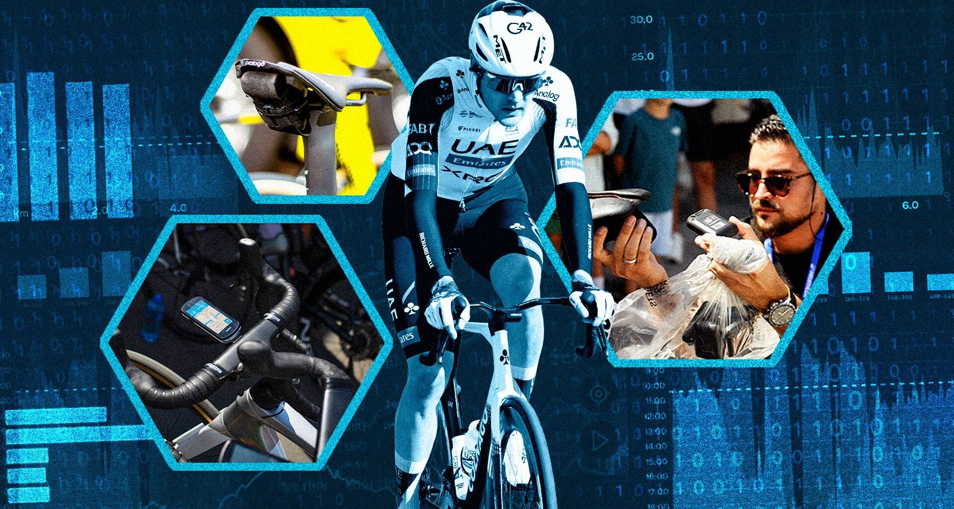 An illustration featuring data-tracking devices, Pavel Sivakov, and data visuals