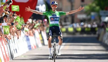 BOZEN-BOLZANO, ITALY - APRIL 24: Giulio Pellizzari of Italy and Team Red Bull - BORA - hansgrohe - Green Leader Jersey celebrates at finish line as stage winner during the 48th Tour of the Alps 2026, Stage 5 a 128.6km stage from Trento to Bozen-Bolzano on April 24, 2026 in Bozen-Bolzano, Italy. (Photo by Tim de Waele/Getty Images)