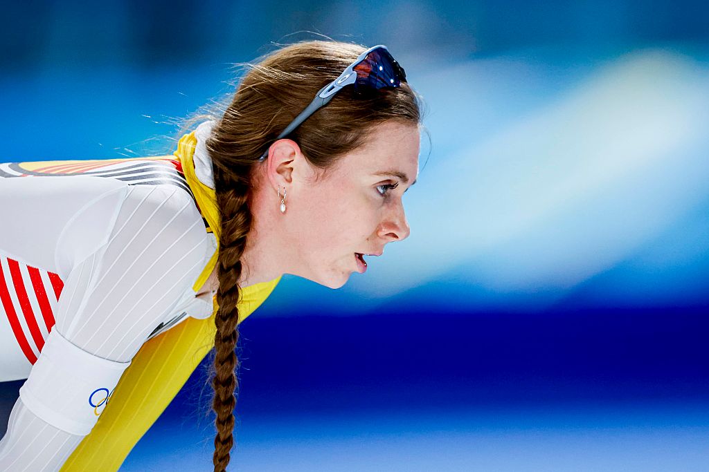 Milan, Italy - February 12: Sandrine Tas of Belgium looks exhausted after competing on the Speed Skating Women's 5000m on day six of the Milano Cortina 2026 Winter Olympics at Milano Speed Skating Stadium on February 12, 2026 in Milan, Italy. (Photo by Henk Jan Dijks/Marcel ter Bals/DeFodi Images/DeFodi via Getty Images)