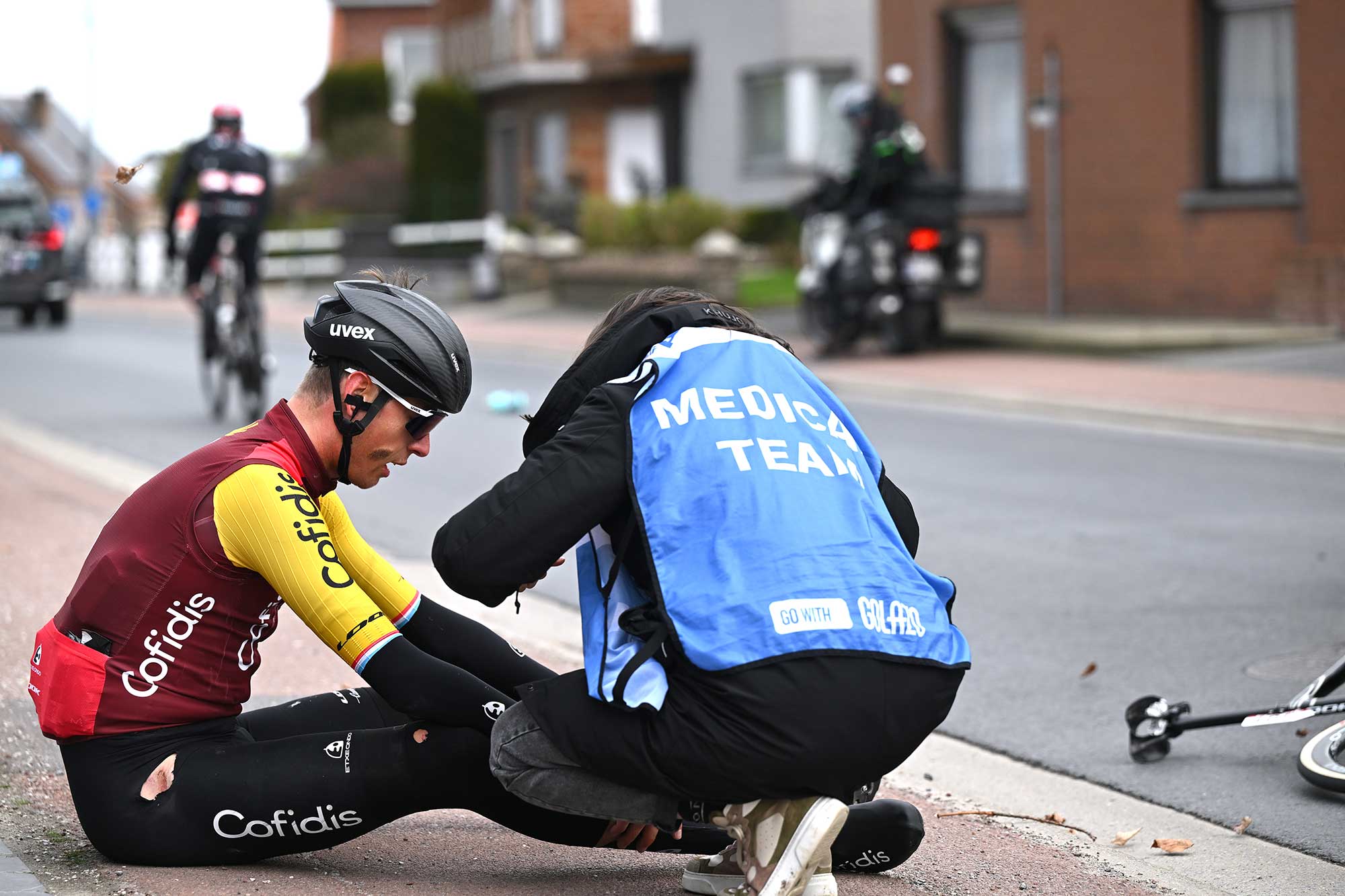 Alex Kirsch of Luxembourg and Team Cofidis after being involved in a crash during the 50th Ronde Van Brugge (Photo by Luc Claessen/Getty Images)