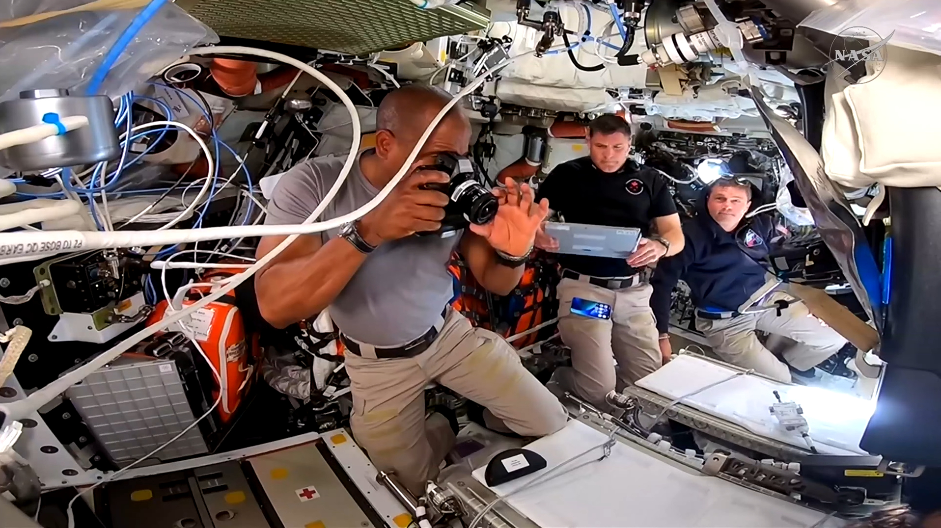 Artemis 2 astronauts work inside the Orion spacecraft on Flight Day 3 of the mission on April 3, 2026.