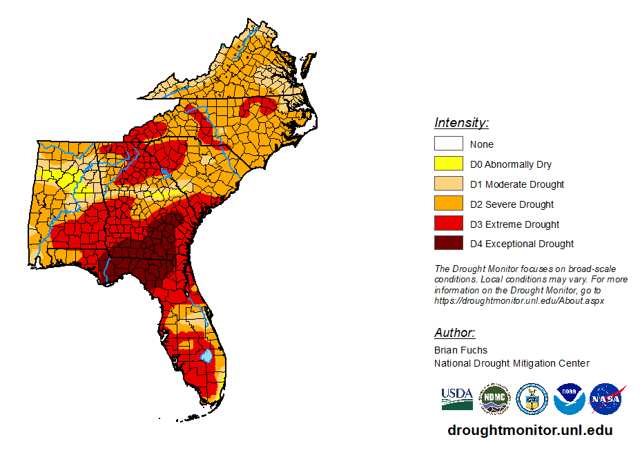 Map of the U.S. Southeast showing the severity of drought in different areas.