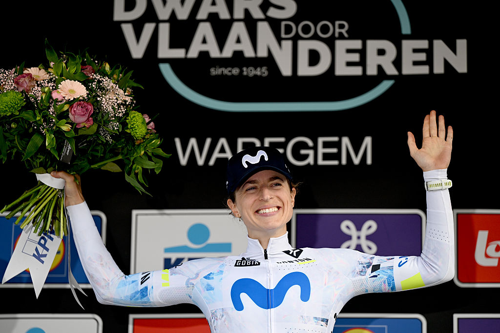 WAREGEM, BELGIUM - APRIL 01: Marlen Reusser of Switzerland and Team Movistar celebrates at podium as race winner during the 14th Dwars door Vlaanderen 2026 - Women&amp;apos;s Elite a 128.8km one day race from Waregem to Waregem / #UCIWWT / on April 01, 2026 in Waregem, Belgium. (Photo by Luc Claessen/Getty Images)