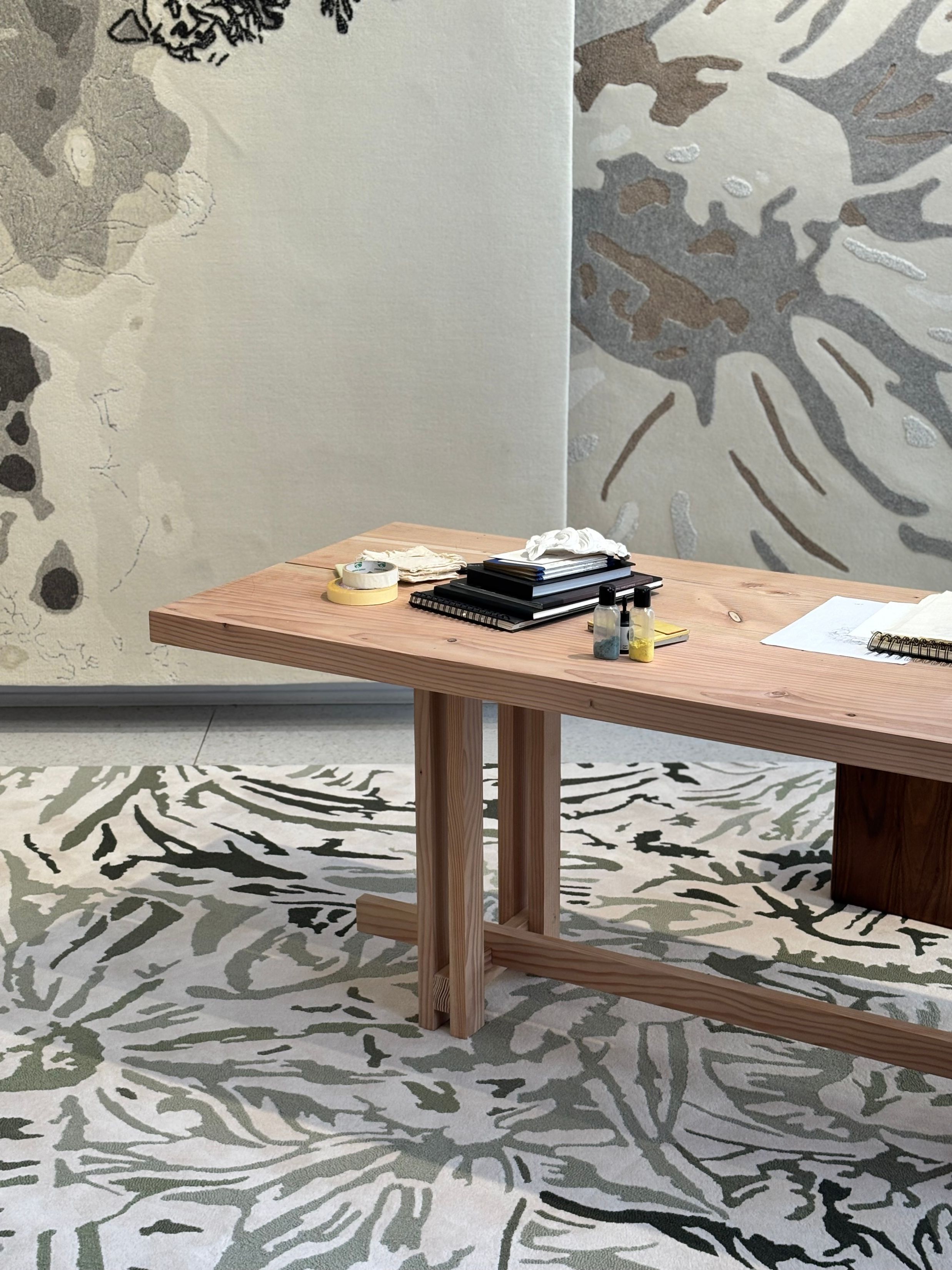 an oak desk on a rug