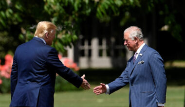 The then Prince Charles greets Donald Trump, then in his first term, in the gardens of Buckingham Palace during a formal welcoming ceremony in 2019