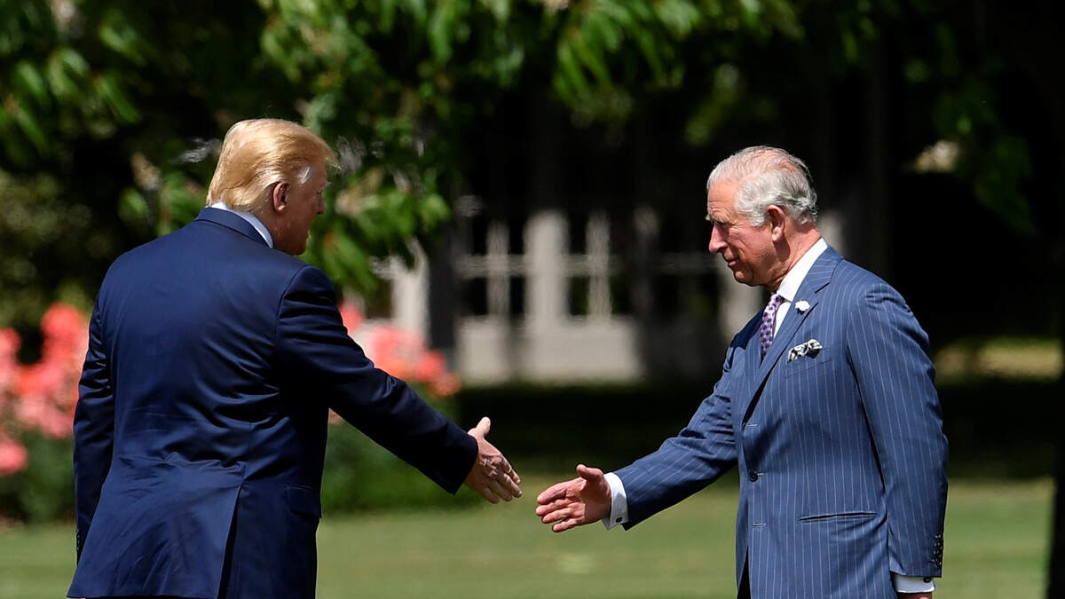 The then Prince Charles greets Donald Trump, then in his first term, in the gardens of Buckingham Palace during a formal welcoming ceremony in 2019