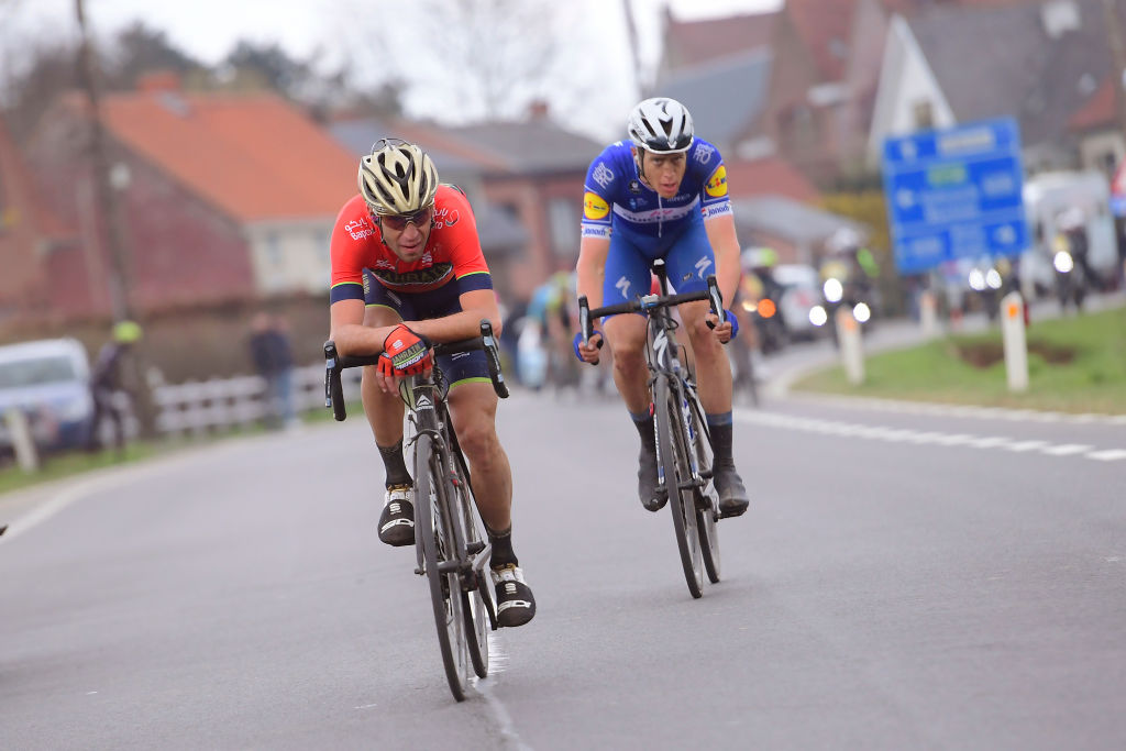 OUDENAARDE, BELGIUM - APRIL 01: Vincenzo Nibali of Italy and Team Bahrain Merida / Niki Terpstra of The Netherlands and Team Quick-Step Floors / during the 102nd Tour of Flanders 2018 - Ronde Van Vlaanderen a 264,7km race from Antwerpen to Oudenaarde on April 1, 2018 in Oudenaarde, Belgium. (Photo Pool PN by Tim de Waele/Getty Images)