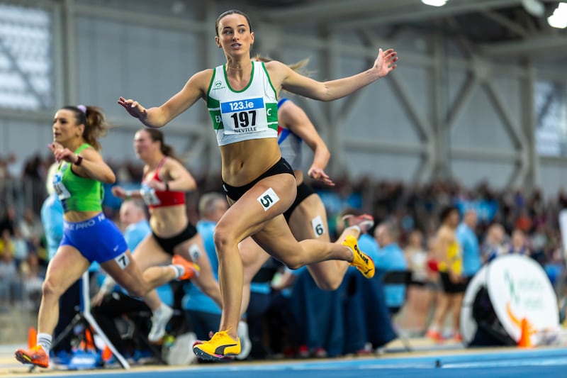 Ciara Neville wins the women’s 60m final at the Athletics Ireland National Indoor Championships last March. Photograph: Morgan Treacy/INPHO