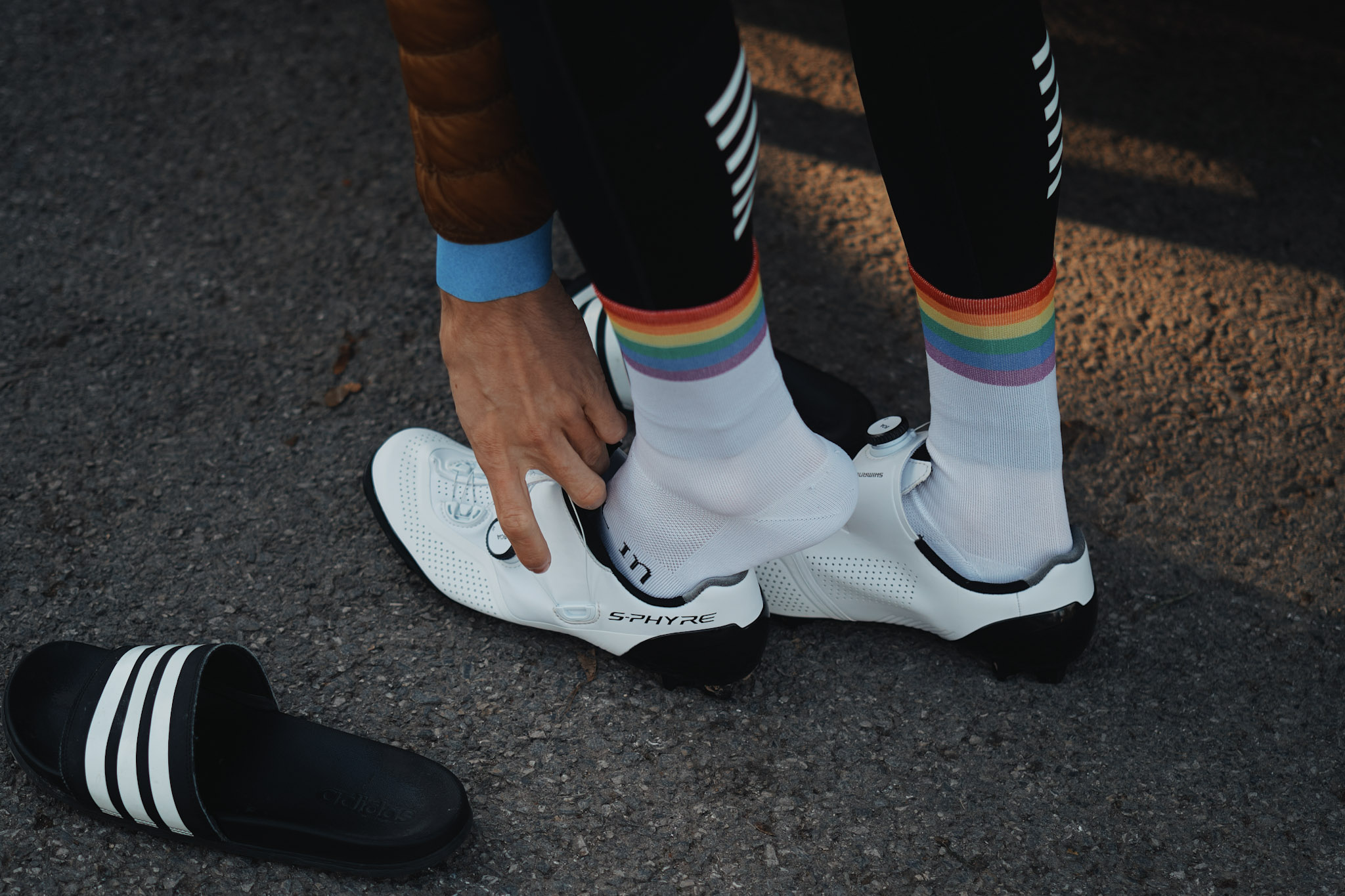 Man puts on shoe