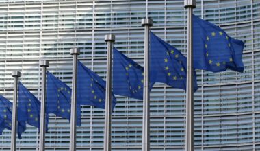 European Union flags outside the European Commission.