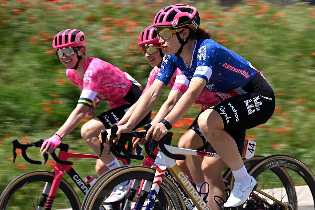 BARBASTRO, SPAIN - MAY 06: Kristen Faulkner of The United States and Team EF Education-Oatty (R) with teammates prior to the 11th La Vuelta Femenina 2025, Stage 3 a 132.4km stage from Barbastro to Huesca / #UCIWWT / on May 06, 2025 in Barbastro, Spain. (Photo by Szymon Gruchalski/Getty Images)