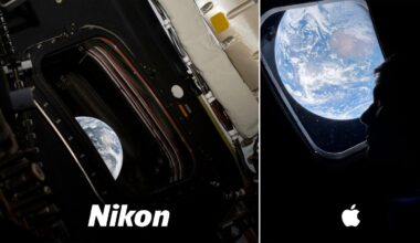 Split image: Left, a view of Earth through a spacecraft window labeled "Nikon"; right, a person’s silhouette and Earth through a window labeled with the Apple logo.