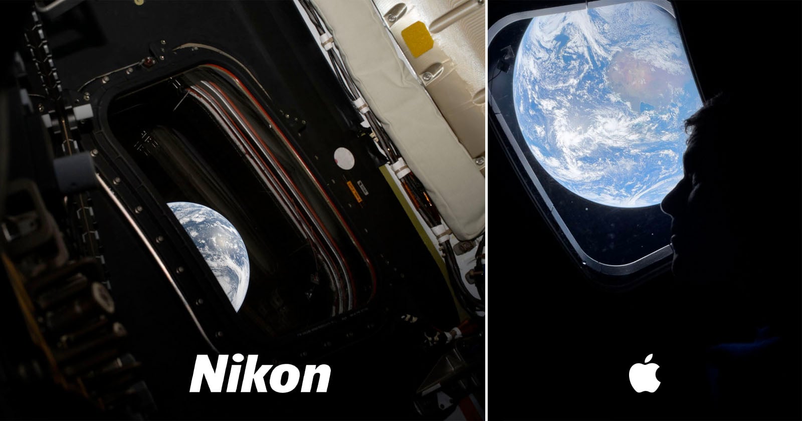 Split image: Left, a view of Earth through a spacecraft window labeled "Nikon"; right, a person’s silhouette and Earth through a window labeled with the Apple logo.