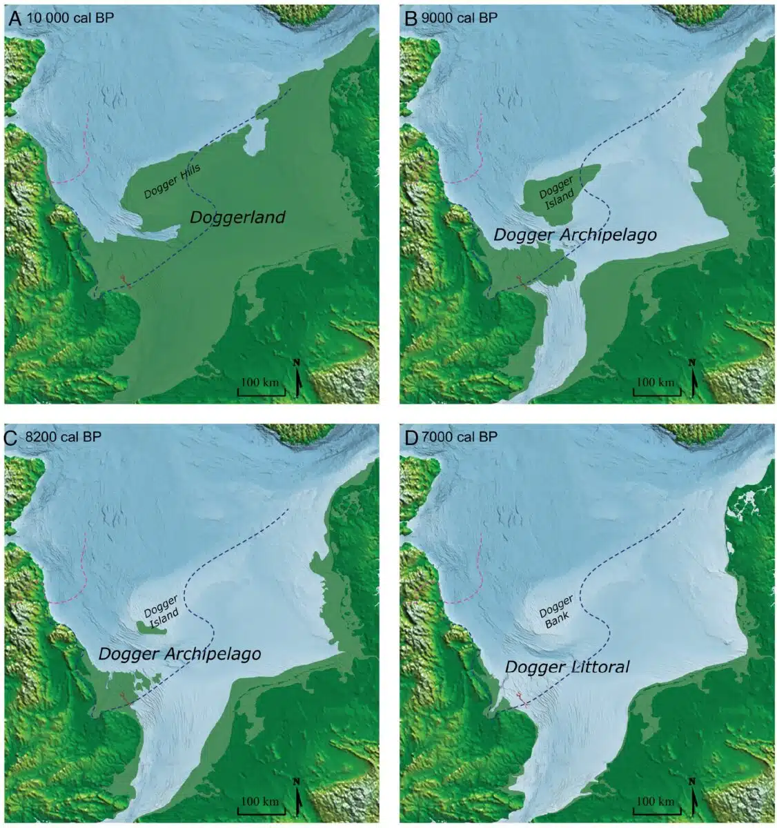 Four Stage Reconstruction Of Doggerland Showing Its Gradual Transformation