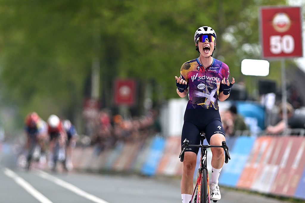 BERG EN TERBLIJT, NETHERLANDS - APRIL 20: Mischa Bredewold of Netherlands and Team SD Worx - Protime celebrates at finish line as race winner during the 11th Amstel Gold Race Ladies Edition 2025 a 157.4km one day race from Maastricht to Berg en Terblijt / #UCIWWT / on April 20, 2025 in Berg en Terblijt, Netherlands. (Photo by Luc Claessen/Getty Images)