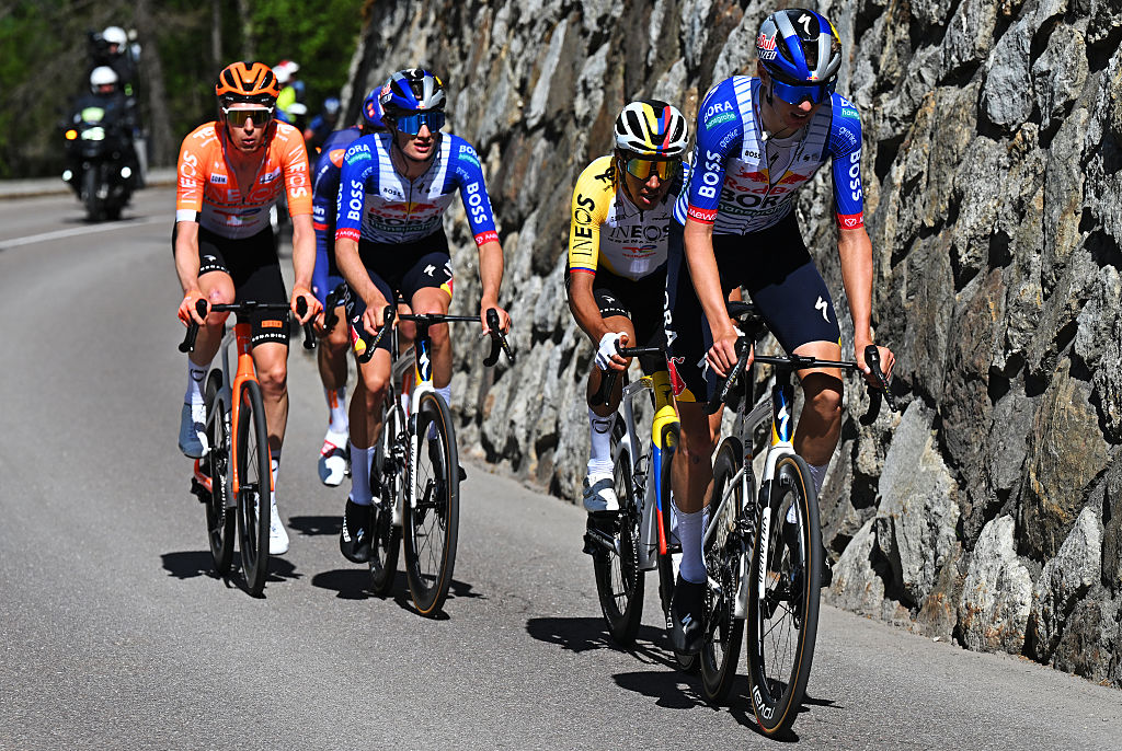 MARTELL, ITALY - APRIL 21: (L-R) Thymen Arensman of Netherlands and Team INEOS Grenadiers, Giulio Pellizzari of Italy and Team Red Bull - BORA - hansgrohe, Egan Bernal of Colombia and Team INEOS Grenadiers and Lorenzo Finn of Italy and Team Red Bull - BORA - hansgrohe compete in the breakaway during the 48th Tour of the Alps 2026, Stage 2 a 147.5km stage from Telfs to Martell - Val Martello 1153m on April 21, 2026 in Martell, Italy. (Photo by Tim de Waele/Getty Images)
