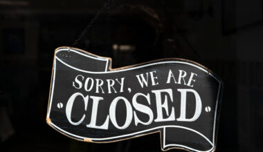 A closed sign in the window of a small business