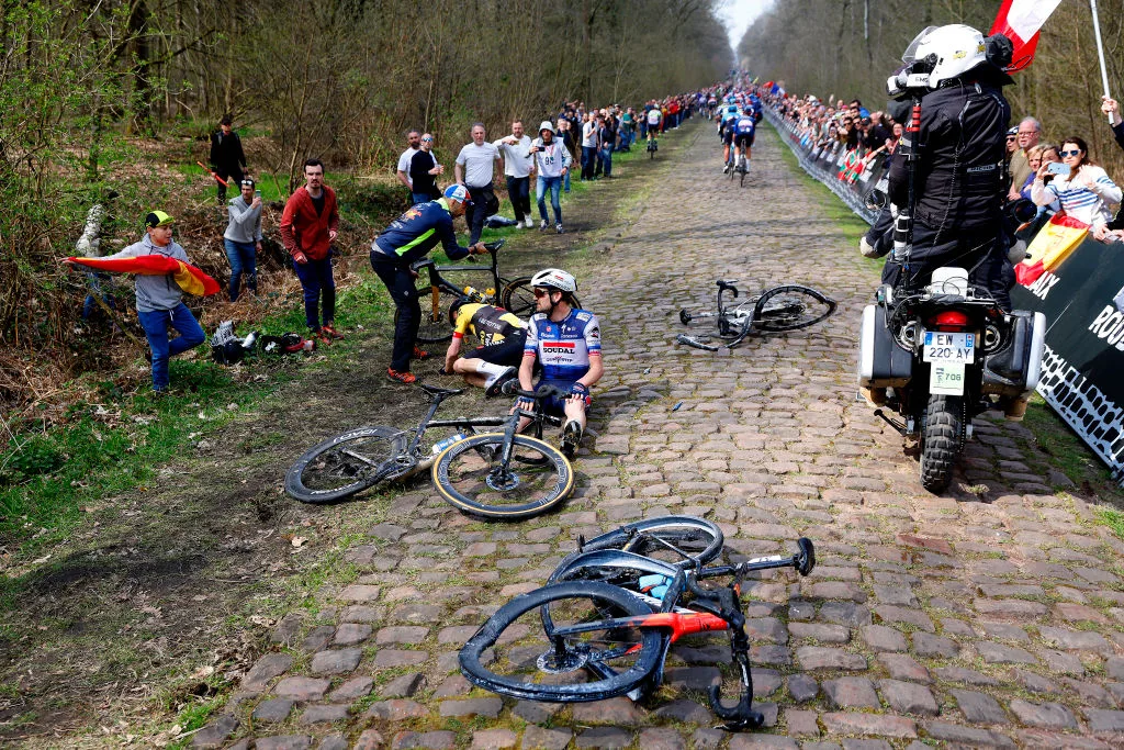 Crash on the Arenberg sector at Paris-Roubaix 2023