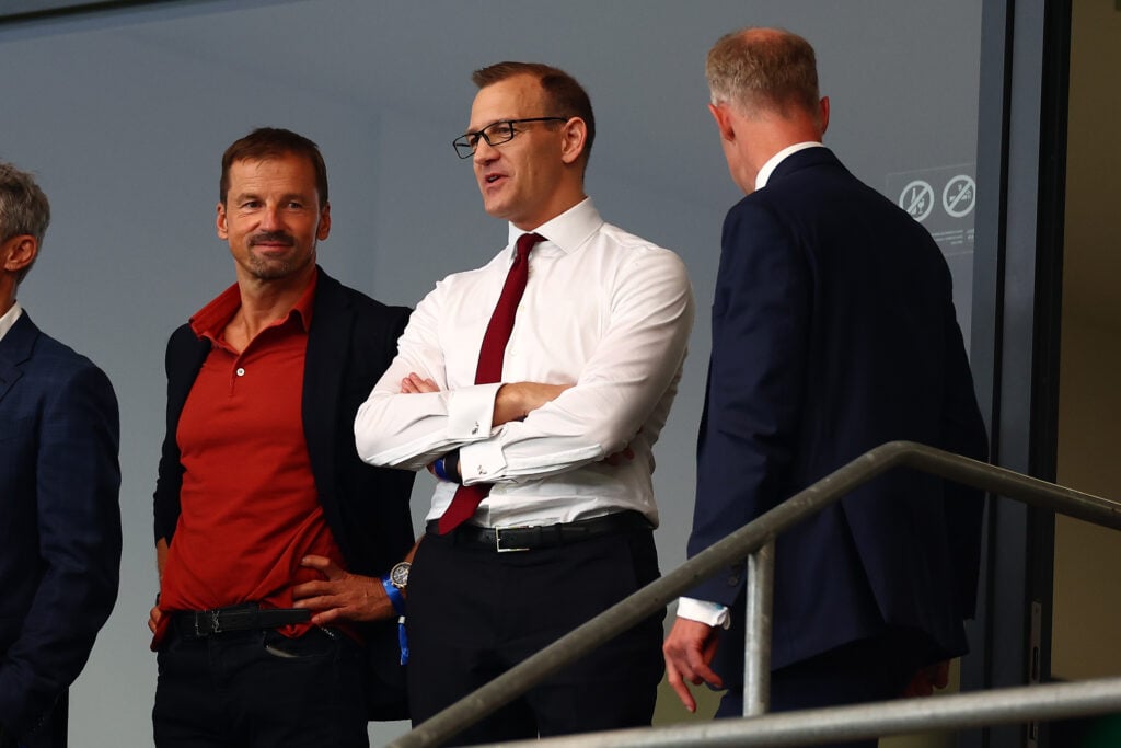 West Ham United shareholder Daniel Kretinsky (C) looks on during the UEFA Europa Conference League 2022/23 final match between ACF Fiorentina and West Ham United FC at Eden Arena on June 07, 2023 in Prague, Czech Republic.