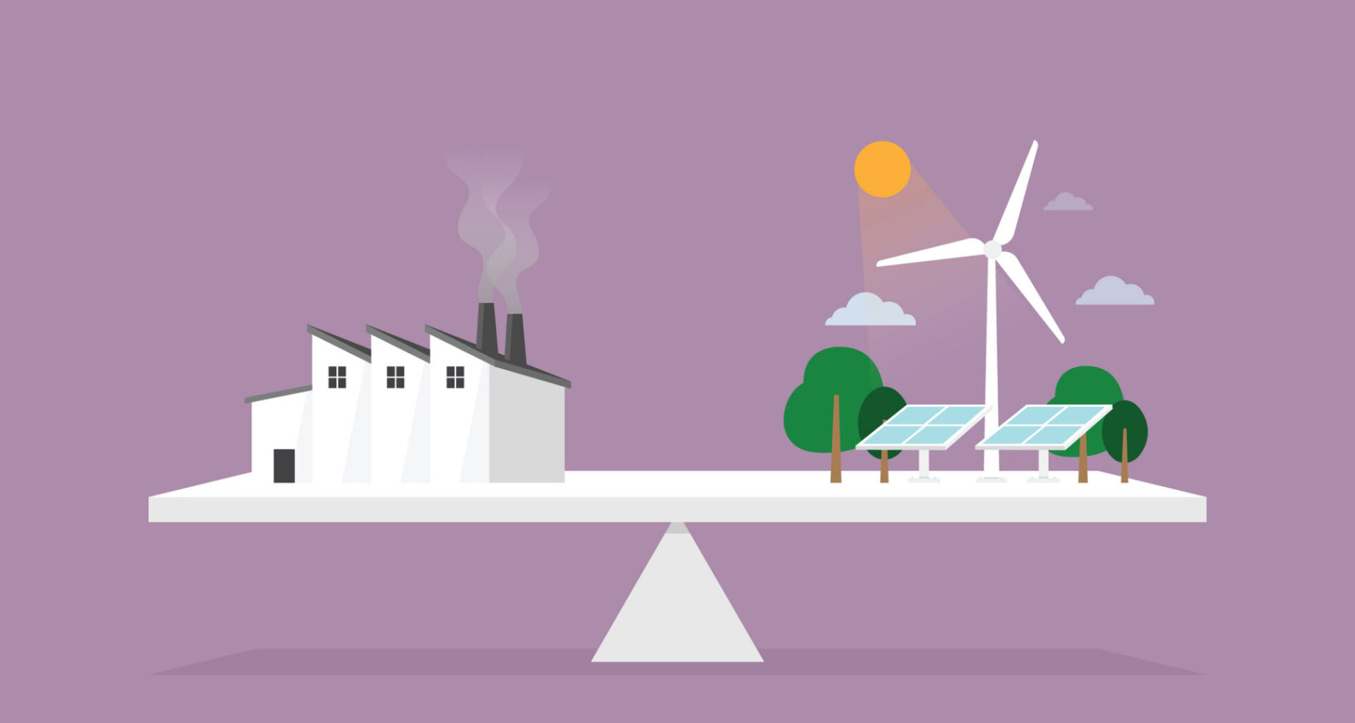 factory, solar panel, and wind turbine on a scale for sustainable energy concept