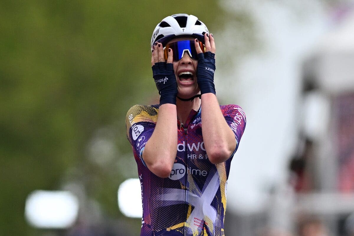 BERG EN TERBLIJT, NETHERLANDS - APRIL 20: Mischa Bredewold of Netherlands and Team SD Worx - Protime celebrates at finish line as race winner during the 11th Amstel Gold Race Ladies Edition 2025 a 157.4km one day race from Maastricht to Berg en Terblijt / #UCIWWT / on April 20, 2025 in Berg en Terblijt, Netherlands. (Photo by Luc Claessen/Getty Images)