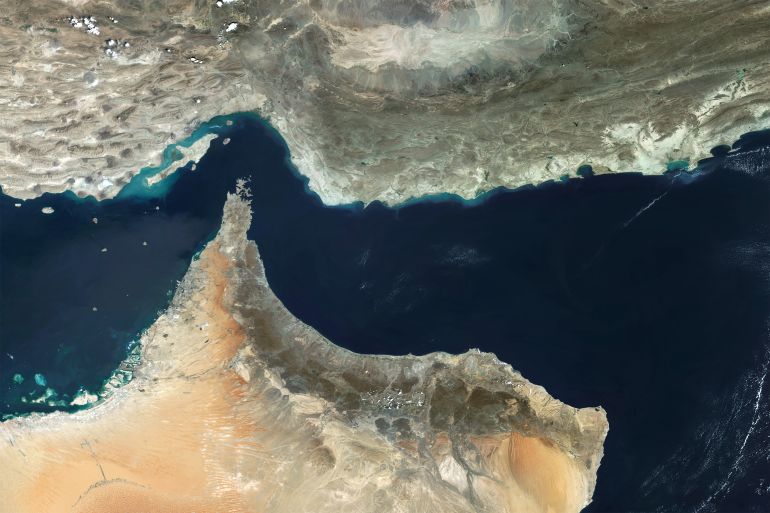 Satellite view of the Strait of Hormuz.