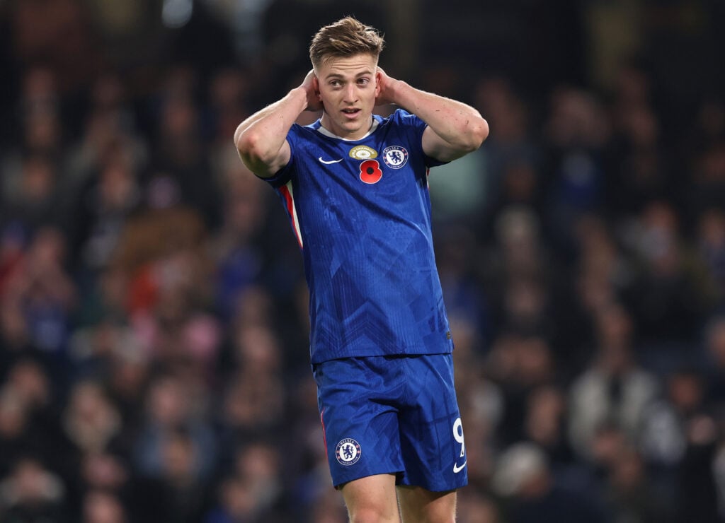 Liam Delap of Chelsea reacts