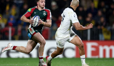 Leicester Tigers’ Adam Radwan runs with the ball during the December 2025 Champions Cup match against La Rochelle