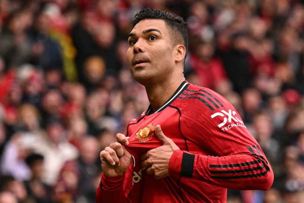 Casemiro celebrates during the Premier League match between Manchester United and Aston Villa at Old Trafford in Manchester, England, in 2026.