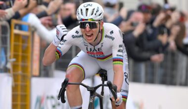 SANREMO, ITALY - MARCH 21: Tadej Pogacar of Slovenia and UAE Team Emirates - XRG celebrates at finish line as race winner during the 117th Milano-Sanremo 2026, Men