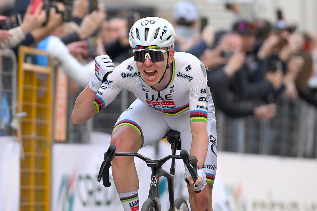 SANREMO, ITALY - MARCH 21: Tadej Pogacar of Slovenia and UAE Team Emirates - XRG celebrates at finish line as race winner during the 117th Milano-Sanremo 2026, Men