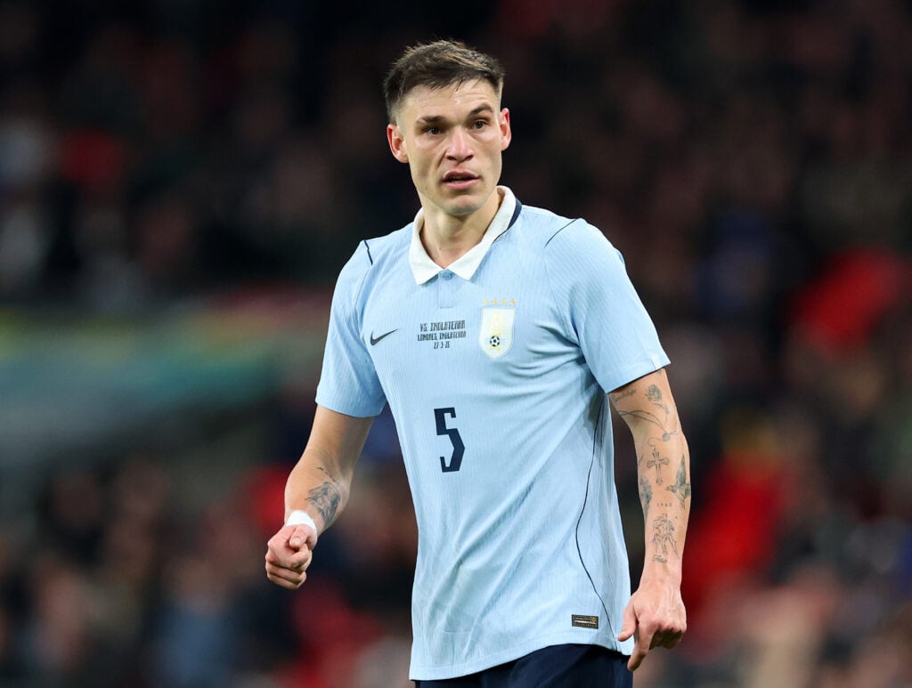 Manuel Ugarte during the international friendly match between England and Uruguay at Wembley Stadium in 2026 in London, England.