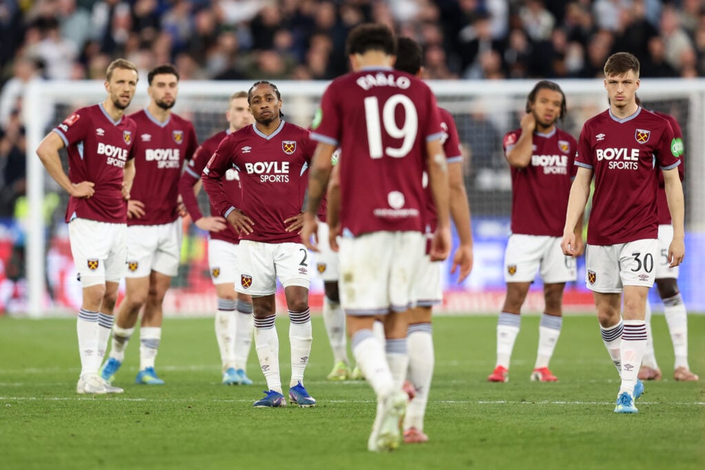Pablo Felipe looks dejected after missing a penalty for West Ham United against Leeds.