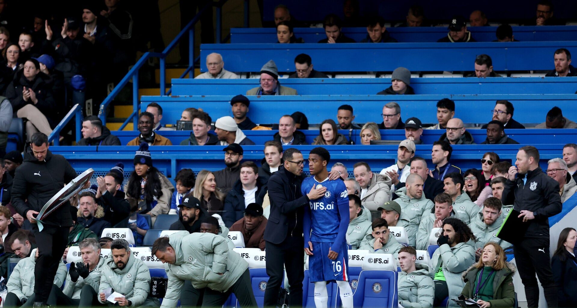 Liam Rosenior and Reece James react to Ryan Kavuma-McQueen's Chelsea debut