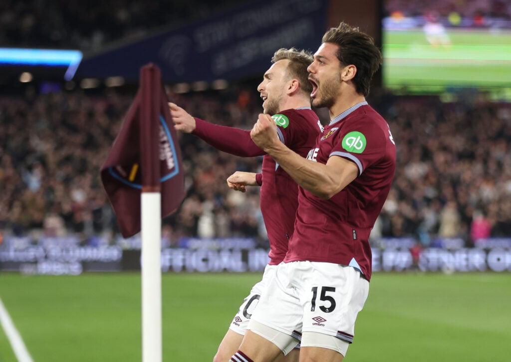 Konstantinos Mavropanos celebrates scoring West Ham's first goal with Jarrod Bowen.