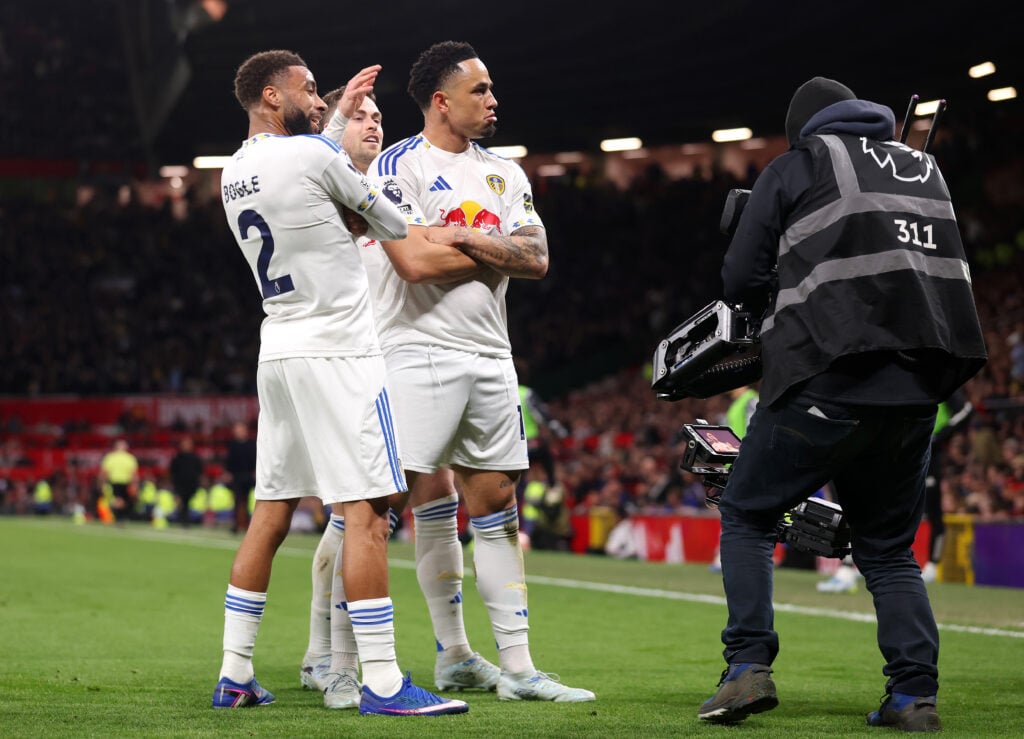 Noah Okafor celebrates scoring for Leeds at Man United