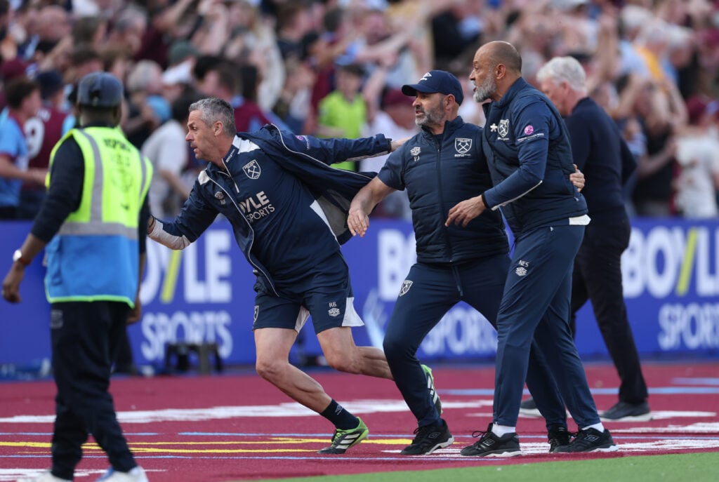 Nuno Espirito Santo, Manager of West Ham United, celebrates with his coaching staff - West Ham United v Everton - Premier League