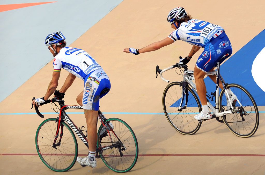 Cycling: 107E Paris - Roubaix Arrival, Tom Boonen (Bel), Filippo Pozzato (Ita), Celebration Joie Vreugde, Compiegne - Roubaix ( 259 Km) /Parijs, (C) Tim De Waele (Photo by Tim De Waele/Getty Images)