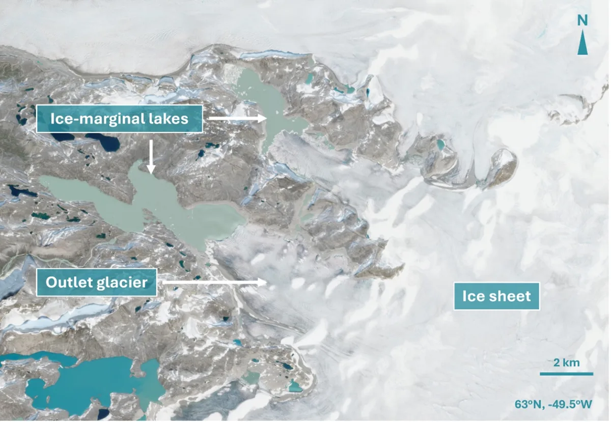 Glaciers draining into ice-marginal lakes, seen in Copernicus Sentinel-2 satellite imagery