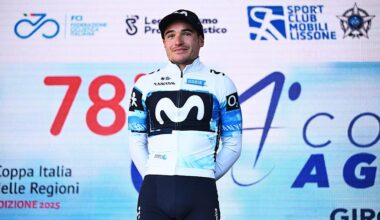 LISSONE, ITALY - OCTOBER 05: Carlos Canal of Spain and Team Movistar celebrates at podium as second place winner during the 78th Coppa Agostoni - Giro Delle Brianze 2025 a 166.7km one day race from Lissone to Lissone on October 05, 2025 in Lissone, Italy. (Photo by Dario Belingheri/Getty Images)