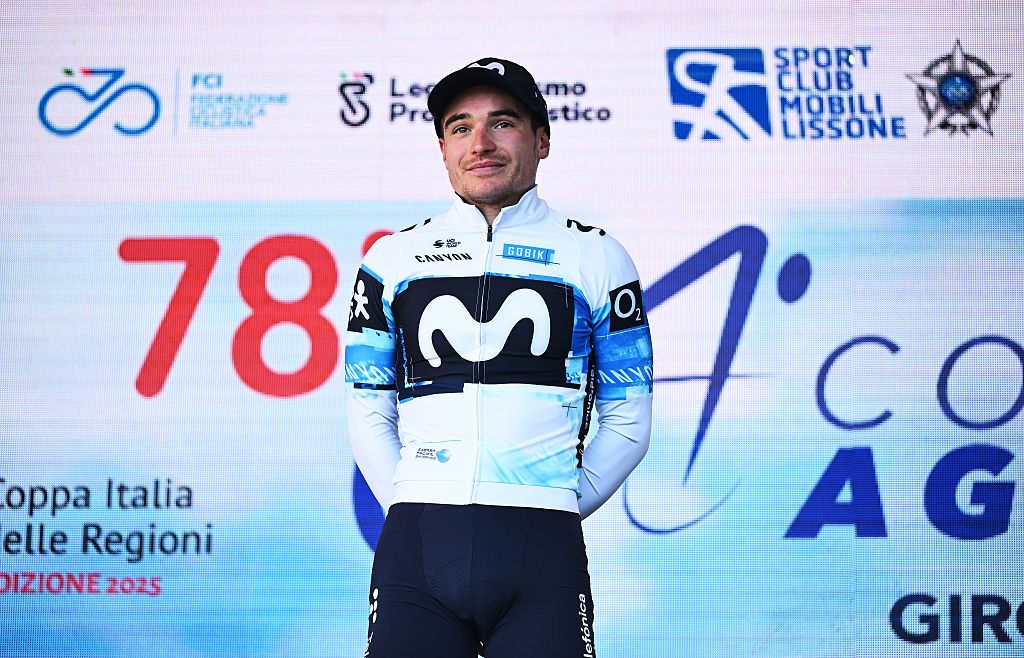 LISSONE, ITALY - OCTOBER 05: Carlos Canal of Spain and Team Movistar celebrates at podium as second place winner during the 78th Coppa Agostoni - Giro Delle Brianze 2025 a 166.7km one day race from Lissone to Lissone on October 05, 2025 in Lissone, Italy. (Photo by Dario Belingheri/Getty Images)