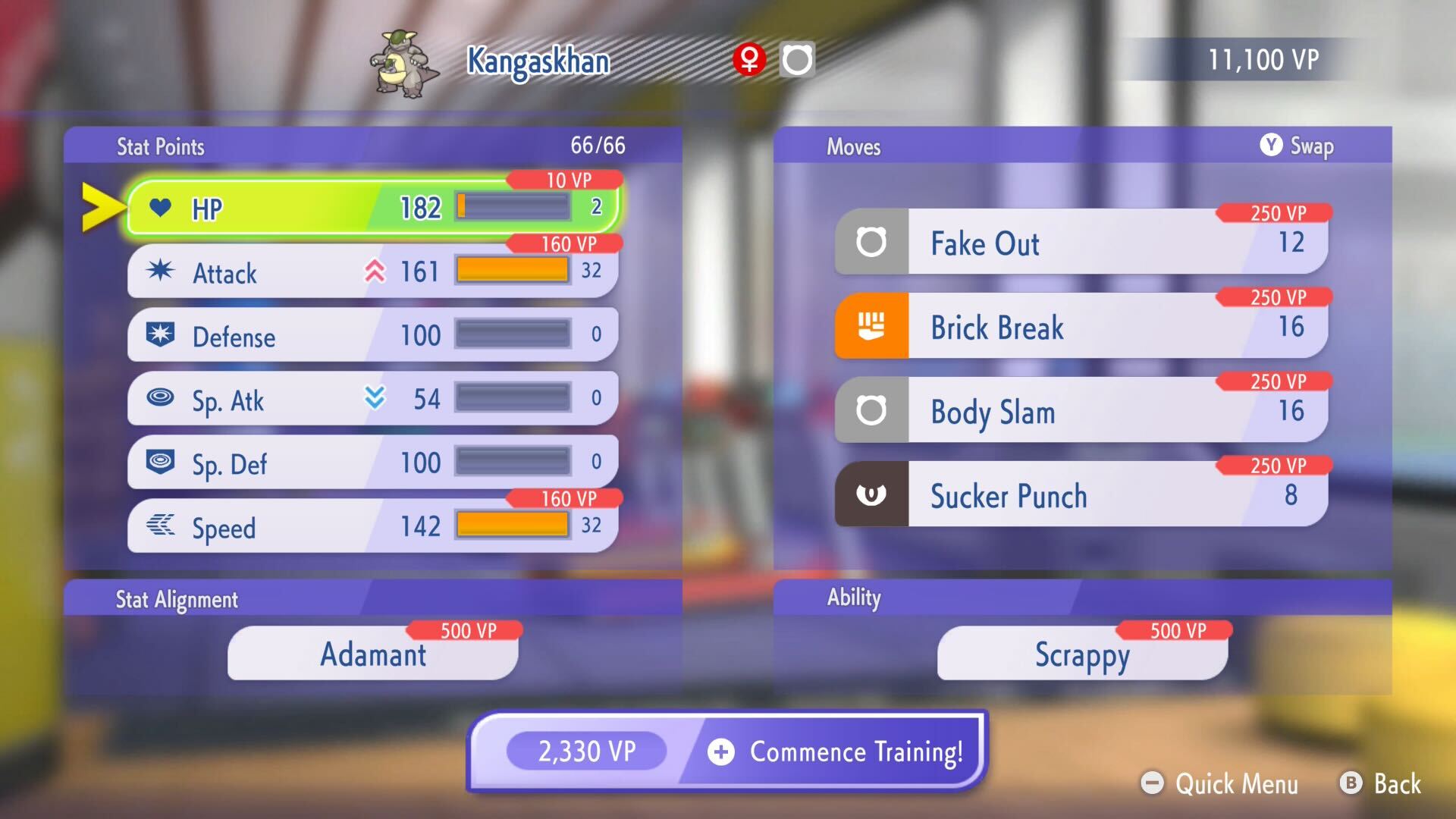 The stat and move screen for a Kangaskhan in Pokémon Champions. It lays out the points allocated in each stat, the move set, its ability, and its nature (called “stat alignment”) as well as how much in-game currency it’ll cost to update all those fields.
