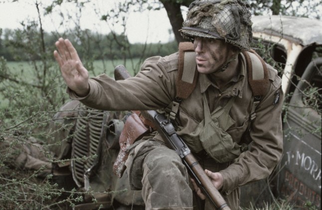 Television Programme.. BAND OF BROTHERS Part Two: Days of Days...Picture Shows:DAMIAN LEWIS as Richard Winters TX:Friday, 5 October, 2001, BBC TWO. On June 6, 1944, D-Day, planes with thousands of paratroopers cross the English Channel to France, where they come under heavy fire. None of the men land where they expected to, and many lose their weapons and supplies in the drop. Winters (DAMIAN LEWIS) links up with solitary soldiers, and they set off to find their units. Winters is later chosen to lead an attack on a fortified German artillery position; the mission is successful, but Winters, now acting commander, loses his first man. WARNING: This copyright image may be used only to publicise current BBC programmes or other BBC output. Any other use whatsoever without specific prior approval from the BBC may result in legal action. ...BBC TWO Friday, 5 October, 2001 Unmanipulated picture