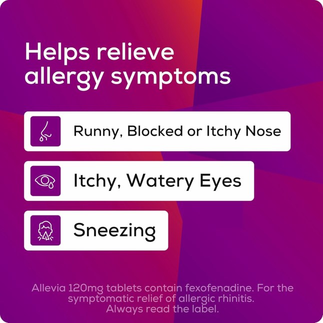 Purple box with writing in white, explaining hay fever symptoms